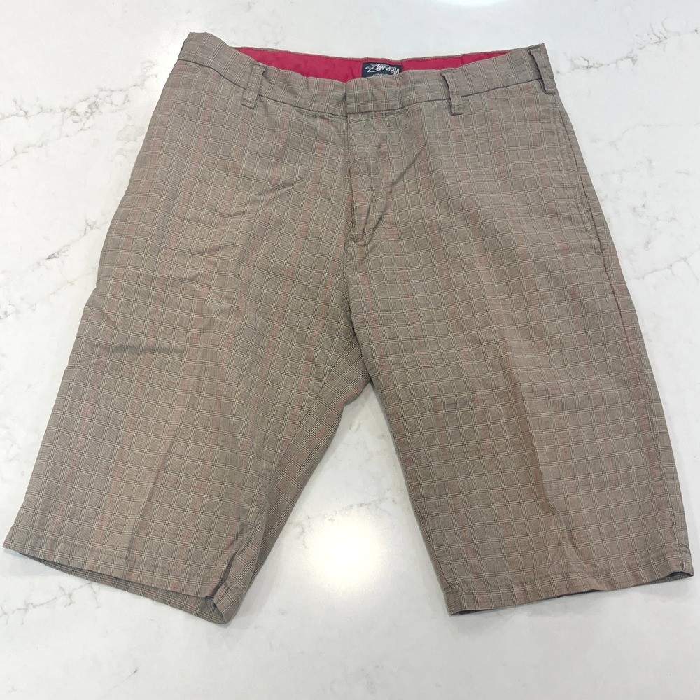 Stussy‎ Plaid Shorts Mens 30 Brown Red Plaid Cotton Vtg Y2K Embroidered Logo